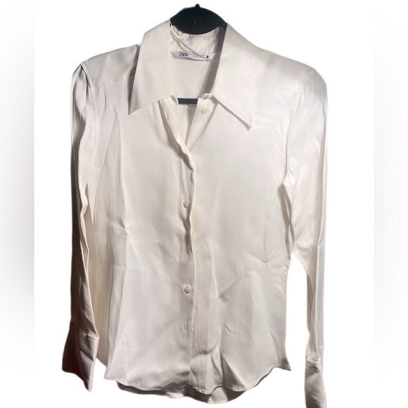 Zara cream polyester blend silky feel button dwn slim long sleeve dress shirt XS - Picture 2 of 5